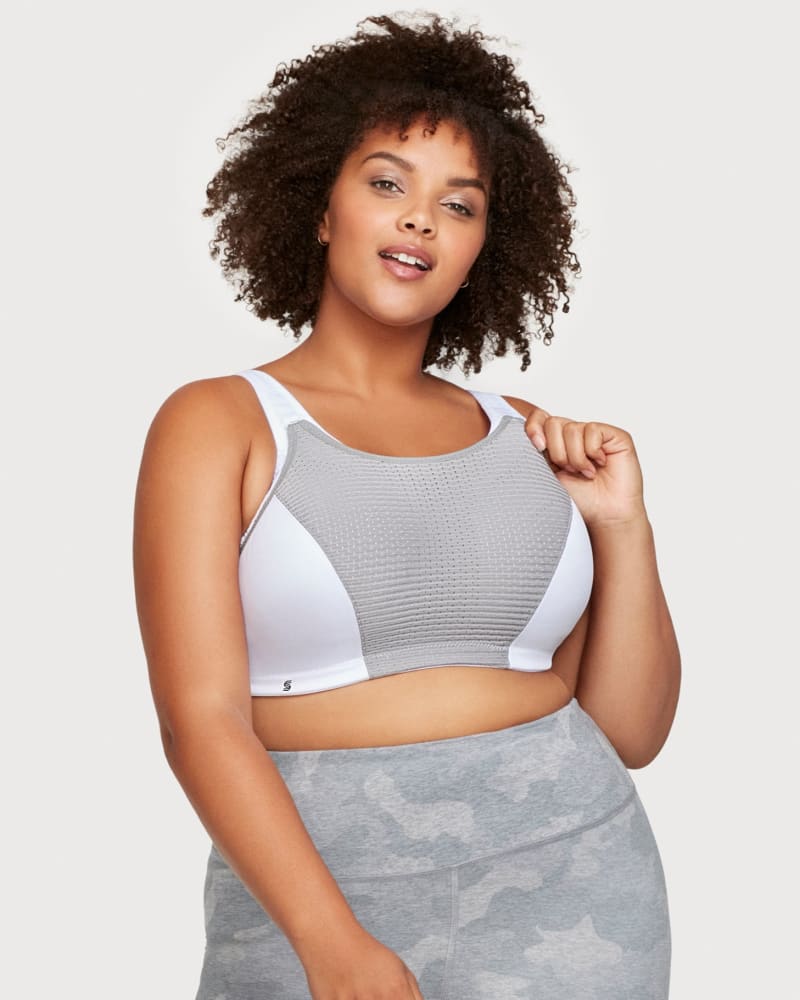 Front of a model wearing a size 42I Custom Control Sports Bra in White/Gray by Glamorise Sport. | dia_product_style_image_id:260641